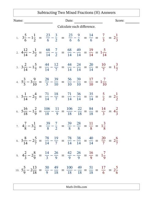 The Subtracting Two Mixed Fractions with Similar Denominators, Mixed Fractions Results and Some Simplifying (Fillable) (H) Math Worksheet Page 2