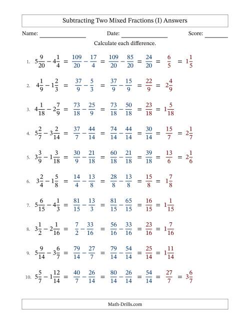 The Subtracting Two Mixed Fractions with Similar Denominators, Mixed Fractions Results and Some Simplifying (Fillable) (I) Math Worksheet Page 2