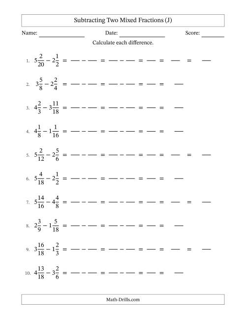 The Subtracting Two Mixed Fractions with Similar Denominators, Mixed Fractions Results and Some Simplifying (Fillable) (J) Math Worksheet