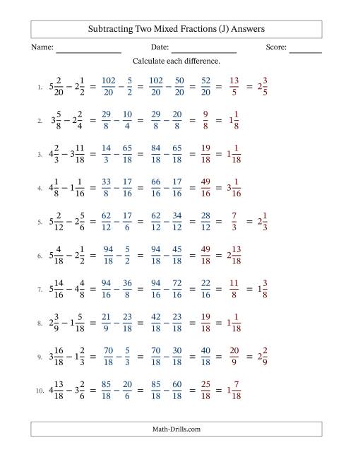 The Subtracting Two Mixed Fractions with Similar Denominators, Mixed Fractions Results and Some Simplifying (Fillable) (J) Math Worksheet Page 2