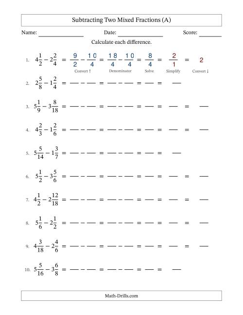 The Subtracting Two Mixed Fractions with Similar Denominators, Mixed Fractions Results and Some Simplifying (Fillable) (All) Math Worksheet