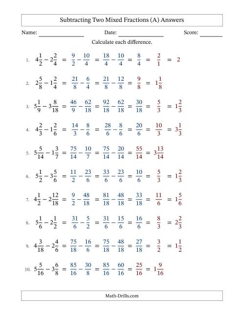 The Subtracting Two Mixed Fractions with Similar Denominators, Mixed Fractions Results and Some Simplifying (Fillable) (All) Math Worksheet Page 2