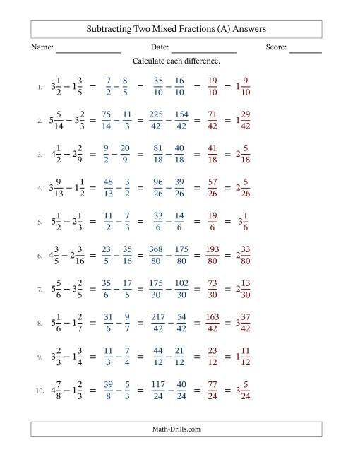 The Subtracting Two Mixed Fractions with Unlike Denominators, Mixed Fractions Results and No Simplifying (Fillable) (A) Math Worksheet Page 2