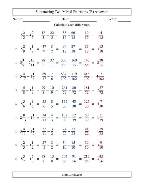 The Subtracting Two Mixed Fractions with Unlike Denominators, Mixed Fractions Results and No Simplifying (Fillable) (B) Math Worksheet Page 2