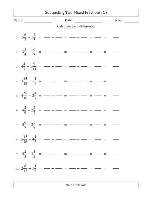 The Subtracting Two Mixed Fractions with Unlike Denominators, Mixed Fractions Results and No Simplifying (Fillable) (C) Math Worksheet