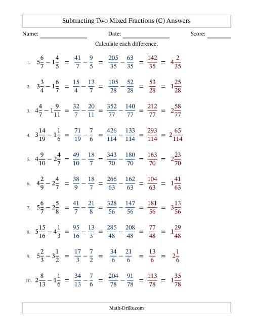 The Subtracting Two Mixed Fractions with Unlike Denominators, Mixed Fractions Results and No Simplifying (Fillable) (C) Math Worksheet Page 2