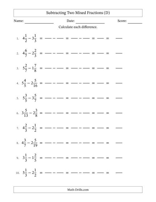 The Subtracting Two Mixed Fractions with Unlike Denominators, Mixed Fractions Results and No Simplifying (Fillable) (D) Math Worksheet