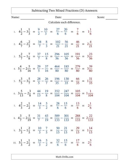 The Subtracting Two Mixed Fractions with Unlike Denominators, Mixed Fractions Results and No Simplifying (Fillable) (D) Math Worksheet Page 2