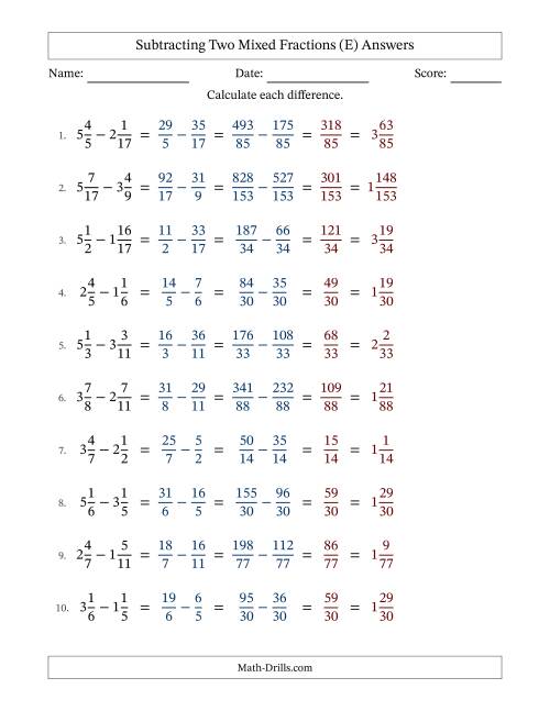 The Subtracting Two Mixed Fractions with Unlike Denominators, Mixed Fractions Results and No Simplifying (Fillable) (E) Math Worksheet Page 2