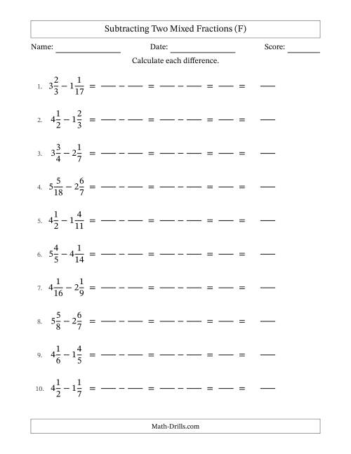 The Subtracting Two Mixed Fractions with Unlike Denominators, Mixed Fractions Results and No Simplifying (Fillable) (F) Math Worksheet