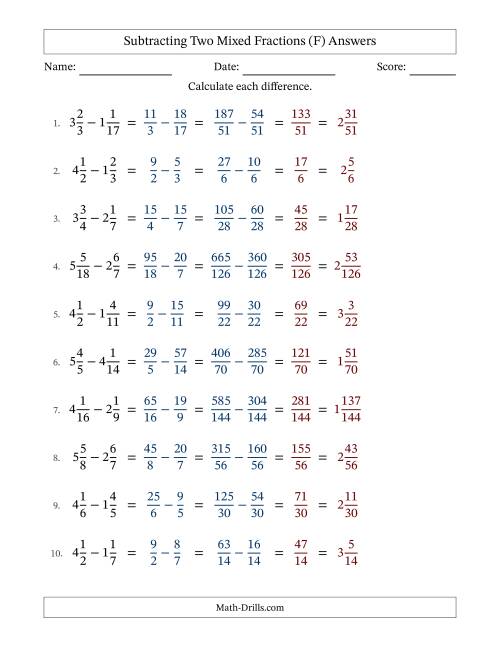 The Subtracting Two Mixed Fractions with Unlike Denominators, Mixed Fractions Results and No Simplifying (Fillable) (F) Math Worksheet Page 2