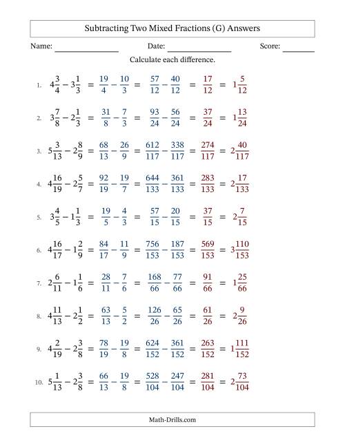The Subtracting Two Mixed Fractions with Unlike Denominators, Mixed Fractions Results and No Simplifying (Fillable) (G) Math Worksheet Page 2
