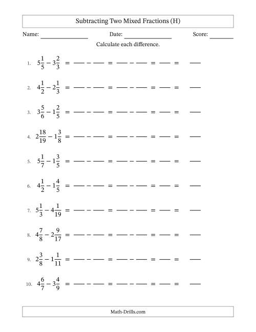 The Subtracting Two Mixed Fractions with Unlike Denominators, Mixed Fractions Results and No Simplifying (Fillable) (H) Math Worksheet