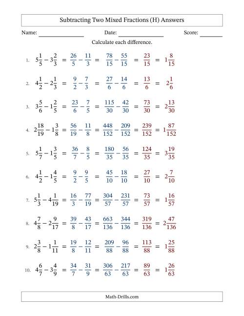 The Subtracting Two Mixed Fractions with Unlike Denominators, Mixed Fractions Results and No Simplifying (Fillable) (H) Math Worksheet Page 2