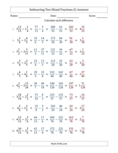 The Subtracting Two Mixed Fractions with Unlike Denominators, Mixed Fractions Results and No Simplifying (Fillable) (I) Math Worksheet Page 2