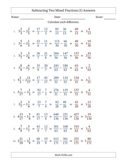 The Subtracting Two Mixed Fractions with Unlike Denominators, Mixed Fractions Results and No Simplifying (Fillable) (J) Math Worksheet Page 2