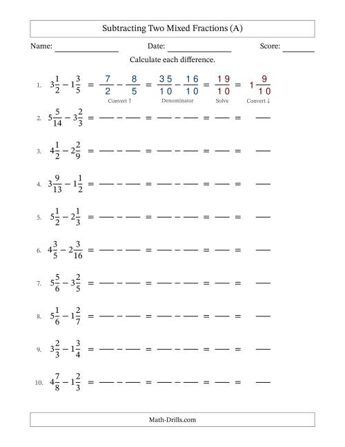 The Subtracting Two Mixed Fractions with Unlike Denominators, Mixed Fractions Results and No Simplifying (Fillable) (All) Math Worksheet