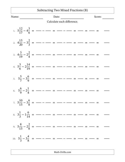 The Subtracting Two Mixed Fractions with Unlike Denominators, Mixed Fractions Results and All Simplifying (Fillable) (B) Math Worksheet