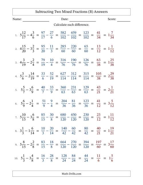 The Subtracting Two Mixed Fractions with Unlike Denominators, Mixed Fractions Results and All Simplifying (Fillable) (B) Math Worksheet Page 2