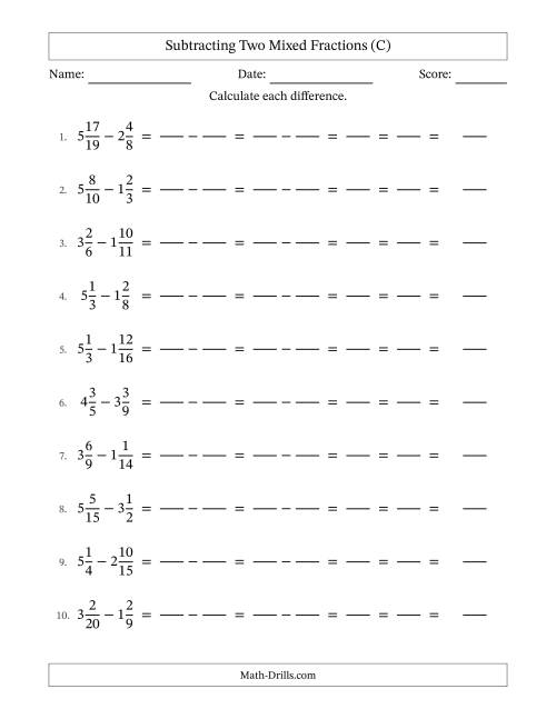 The Subtracting Two Mixed Fractions with Unlike Denominators, Mixed Fractions Results and All Simplifying (Fillable) (C) Math Worksheet