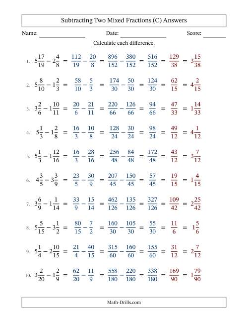 The Subtracting Two Mixed Fractions with Unlike Denominators, Mixed Fractions Results and All Simplifying (Fillable) (C) Math Worksheet Page 2