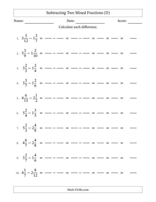 The Subtracting Two Mixed Fractions with Unlike Denominators, Mixed Fractions Results and All Simplifying (Fillable) (D) Math Worksheet