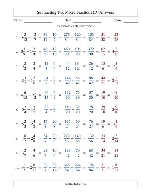 The Subtracting Two Mixed Fractions with Unlike Denominators, Mixed Fractions Results and All Simplifying (Fillable) (D) Math Worksheet Page 2