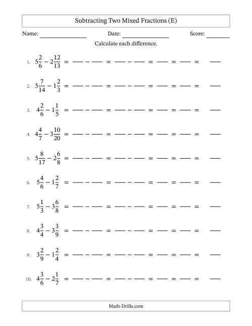 The Subtracting Two Mixed Fractions with Unlike Denominators, Mixed Fractions Results and All Simplifying (Fillable) (E) Math Worksheet