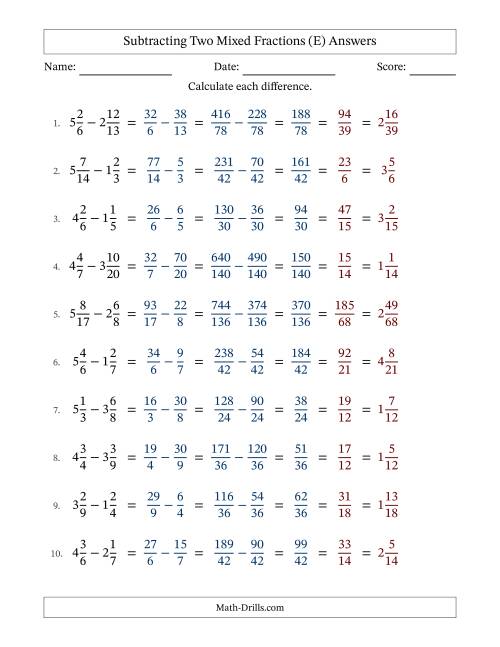 The Subtracting Two Mixed Fractions with Unlike Denominators, Mixed Fractions Results and All Simplifying (Fillable) (E) Math Worksheet Page 2
