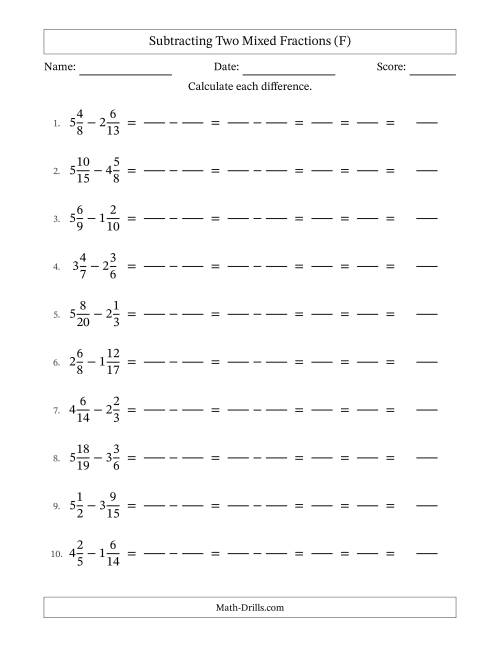 The Subtracting Two Mixed Fractions with Unlike Denominators, Mixed Fractions Results and All Simplifying (Fillable) (F) Math Worksheet