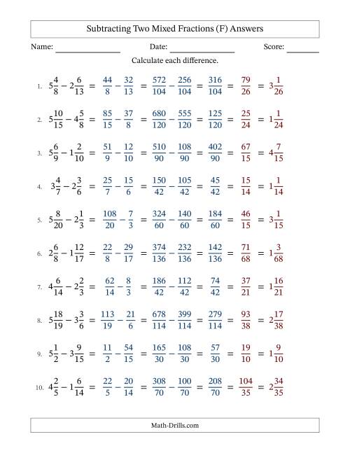 The Subtracting Two Mixed Fractions with Unlike Denominators, Mixed Fractions Results and All Simplifying (Fillable) (F) Math Worksheet Page 2