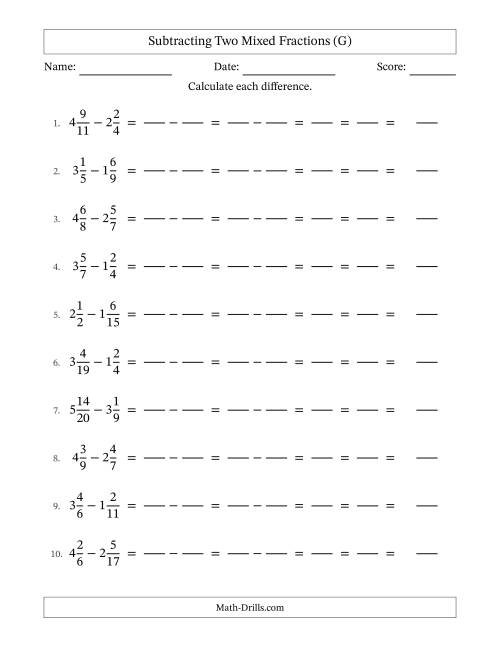 The Subtracting Two Mixed Fractions with Unlike Denominators, Mixed Fractions Results and All Simplifying (Fillable) (G) Math Worksheet
