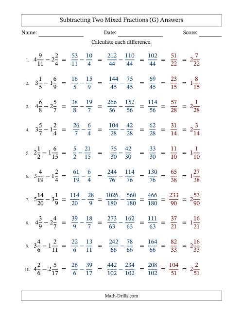 The Subtracting Two Mixed Fractions with Unlike Denominators, Mixed Fractions Results and All Simplifying (Fillable) (G) Math Worksheet Page 2