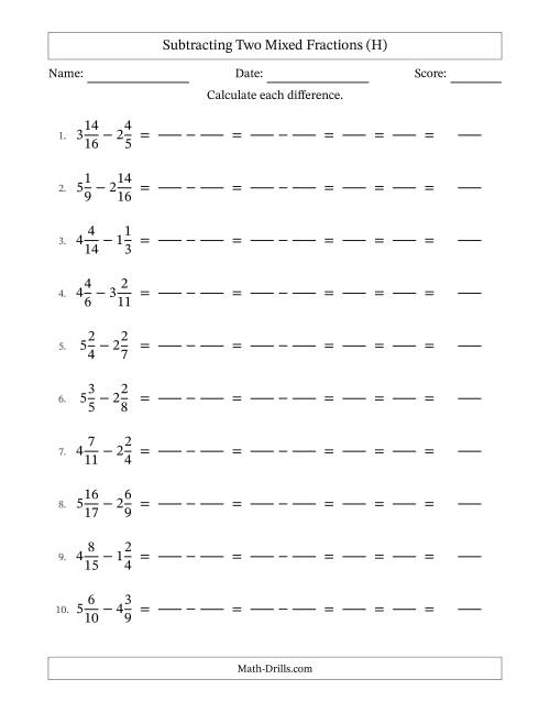 The Subtracting Two Mixed Fractions with Unlike Denominators, Mixed Fractions Results and All Simplifying (Fillable) (H) Math Worksheet
