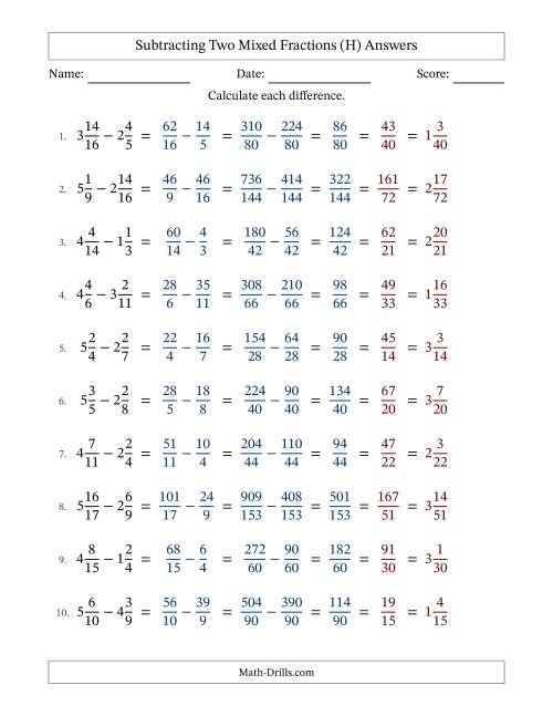 The Subtracting Two Mixed Fractions with Unlike Denominators, Mixed Fractions Results and All Simplifying (Fillable) (H) Math Worksheet Page 2