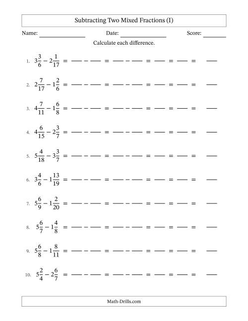 The Subtracting Two Mixed Fractions with Unlike Denominators, Mixed Fractions Results and All Simplifying (Fillable) (I) Math Worksheet