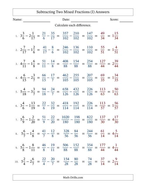 The Subtracting Two Mixed Fractions with Unlike Denominators, Mixed Fractions Results and All Simplifying (Fillable) (I) Math Worksheet Page 2