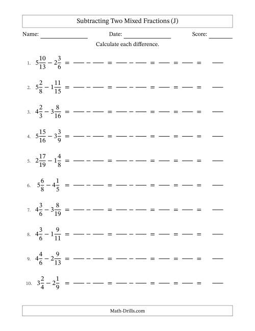 The Subtracting Two Mixed Fractions with Unlike Denominators, Mixed Fractions Results and All Simplifying (Fillable) (J) Math Worksheet