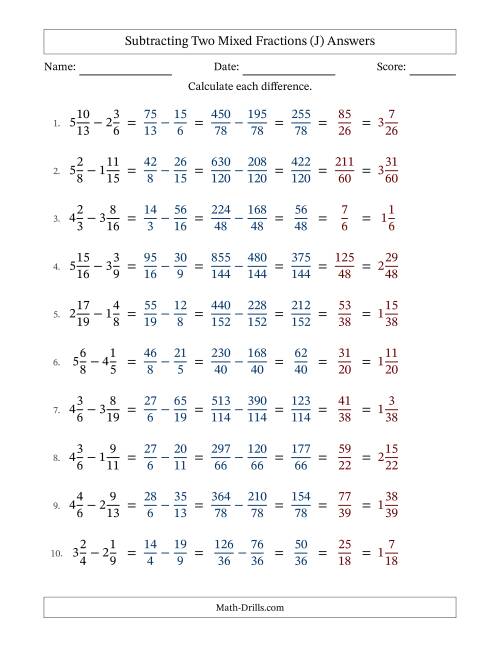 The Subtracting Two Mixed Fractions with Unlike Denominators, Mixed Fractions Results and All Simplifying (Fillable) (J) Math Worksheet Page 2