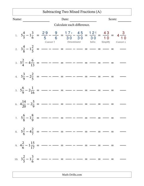 The Subtracting Two Mixed Fractions with Unlike Denominators, Mixed Fractions Results and All Simplifying (Fillable) (All) Math Worksheet