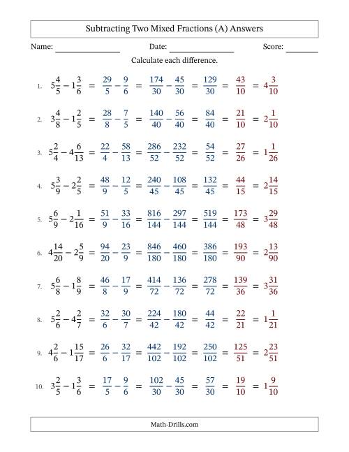 The Subtracting Two Mixed Fractions with Unlike Denominators, Mixed Fractions Results and All Simplifying (Fillable) (All) Math Worksheet Page 2