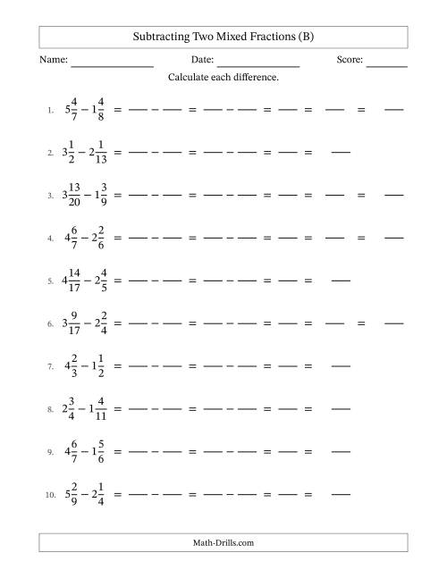 The Subtracting Two Mixed Fractions with Unlike Denominators, Mixed Fractions Results and Some Simplifying (Fillable) (B) Math Worksheet