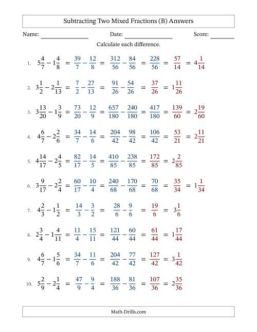 The Subtracting Two Mixed Fractions with Unlike Denominators, Mixed Fractions Results and Some Simplifying (Fillable) (B) Math Worksheet Page 2