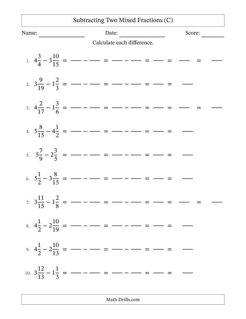 The Subtracting Two Mixed Fractions with Unlike Denominators, Mixed Fractions Results and Some Simplifying (Fillable) (C) Math Worksheet