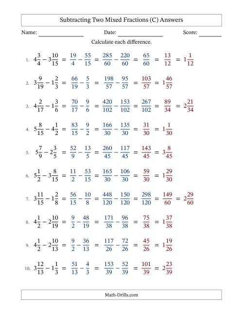 The Subtracting Two Mixed Fractions with Unlike Denominators, Mixed Fractions Results and Some Simplifying (Fillable) (C) Math Worksheet Page 2