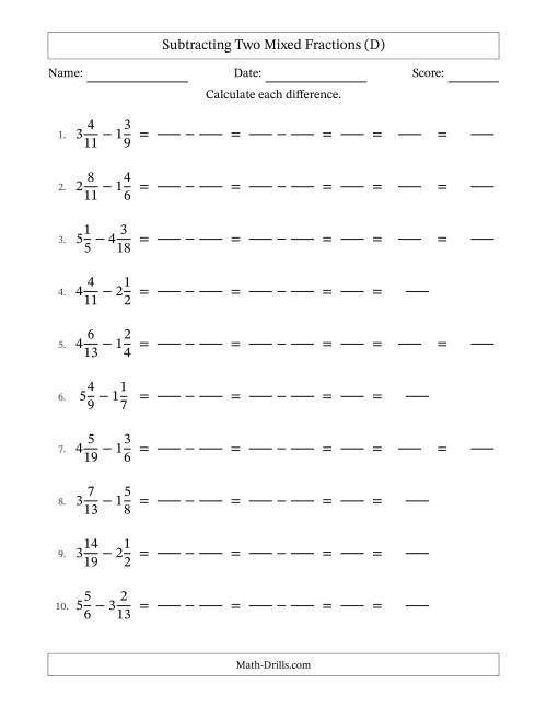 The Subtracting Two Mixed Fractions with Unlike Denominators, Mixed Fractions Results and Some Simplifying (Fillable) (D) Math Worksheet