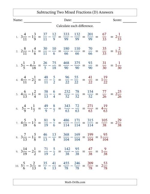 The Subtracting Two Mixed Fractions with Unlike Denominators, Mixed Fractions Results and Some Simplifying (Fillable) (D) Math Worksheet Page 2
