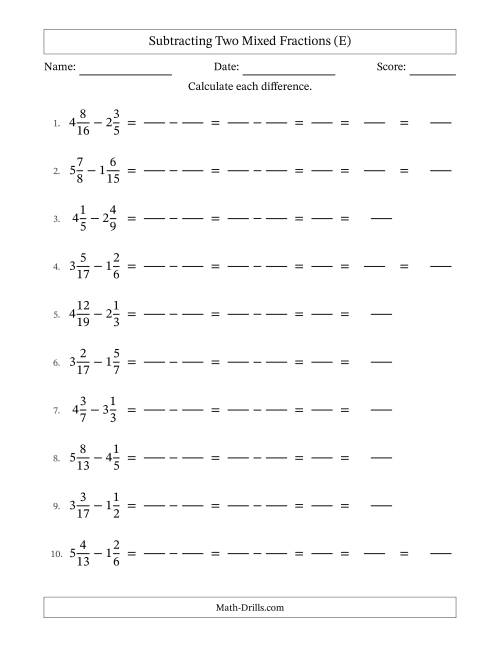 The Subtracting Two Mixed Fractions with Unlike Denominators, Mixed Fractions Results and Some Simplifying (Fillable) (E) Math Worksheet