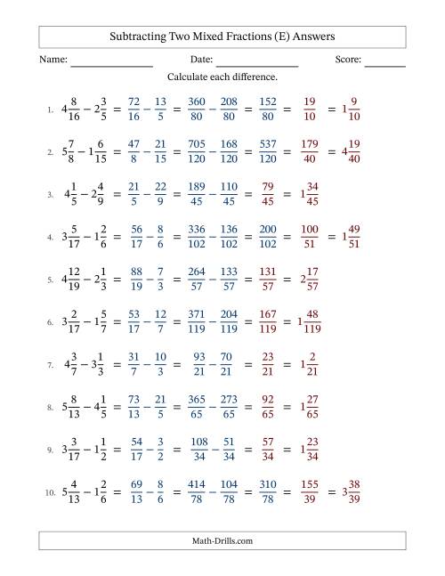 The Subtracting Two Mixed Fractions with Unlike Denominators, Mixed Fractions Results and Some Simplifying (Fillable) (E) Math Worksheet Page 2