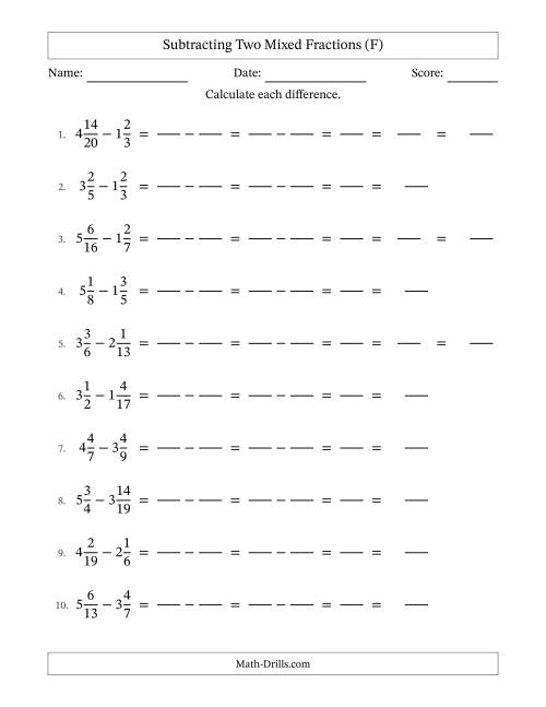 The Subtracting Two Mixed Fractions with Unlike Denominators, Mixed Fractions Results and Some Simplifying (Fillable) (F) Math Worksheet